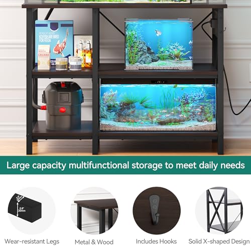 YITAHOME 40-50 Gallon Fish Tank Stand with Power Outlet, 40x18 Inch Metal Aquarium Stand with 3-Tier Adjustable Storage Shelves and Hooks, 700LBS Capacity, Black