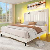 YITAHOME Queen Bed Frame with Adjustable Velvet Wingback Headboard 43.3"-47.4", Upholstered Platform Bed with LED Lights, Solid Wood Slat Support, No Box Spring Needed,Beige YITAHOME