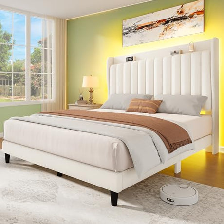 YITAHOME Queen Bed Frame with Adjustable Velvet Wingback Headboard 43.3"-47.4", Upholstered Platform Bed with LED Lights, Solid Wood Slat Support, No Box Spring Needed,Beige YITAHOME