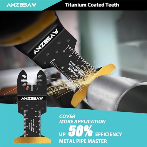 AMZBSAW 110PCS Oscillating Saw Blades Set, Professional Titanium Oscillating Tool Blade for Metal Wood Plastics, Quick Release Multi Tool Blades Kits Fit Bosch Dewalt Milwaukee Ryobi AMZBSAW