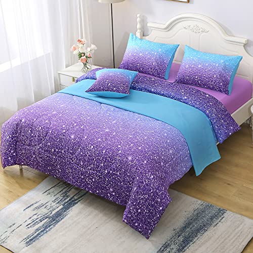JQinHome Full Blue Purple Comforter Set, 6 Piece Bed in A Bag 3D Colorful Ombre Bedding Set for Girls Women (1 Comforter,2 Pillowcases,1 Flat Sheet,1 Fitted Sheet,1 Cushion Cover)(Blue Purple) JQinHome