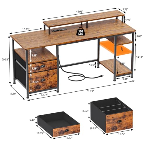 Furologee 61" Computer Desk with Power Outlet and USB Ports, Large Desk with Shelves and Drawer, Writing Study Desk with Fabric File Cabinet and Long Monitor Stand, Gaming Desk for Home Offic - WoodArtSupply