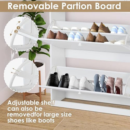 HOPUBUY Shoe Cabinet for Entryway, White Narrow Shoe Storage Cabinet Flip Down Shoe Rack Wood 3 Tier Shoe Organizer for Home and Apartment, Led Light - WoodArtSupply