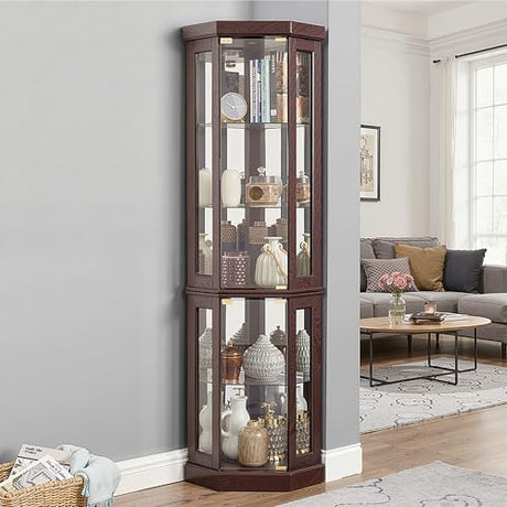 Casaphoria Corner Cabinet, Classic Curio Cabinet with Tempered Glass Doors & Adjustable Shelves for Home Decor, Space-Saving Accent Cabinet with Storage Rack for Collectibles & Liquor, (Cherry) Casaphoria