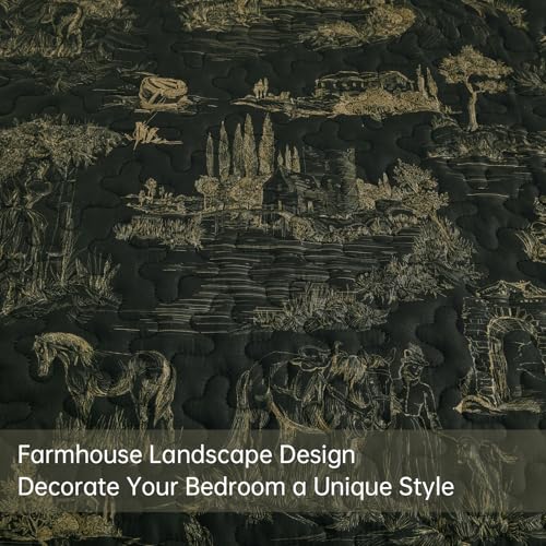 Drucon Black Farmhouse Quilt Set King Size, Toile Rustic Bedspreads, 3 Pieces Village Landscape Printed Coverlet, Soft Microfiber Quilt Bedding Set for All Season (106x90 Inch) Drucon
