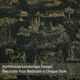 Drucon Black Farmhouse Quilt Set King Size, Toile Rustic Bedspreads, 3 Pieces Village Landscape Printed Coverlet, Soft Microfiber Quilt Bedding Set for All Season (106x90 Inch) Drucon