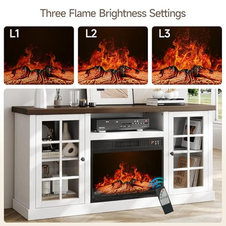 ONBRILL 59 Inch Fireplace TV Stand, Entertainment Center with 23 Inch Electric Fireplace, TV Table for TVs up to 65 Inches, Media Console Cabinet with Storage and Glass Doors for Living Room, White ONBRILL