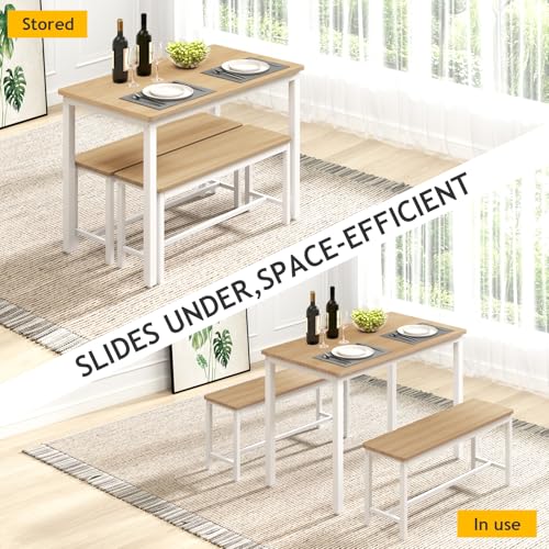 Rovibek 43" Dining Table Benches Set for 4, Modern Space Saving Kitchen Table Chairs & Adjustable Feet Breakfast Table 2 Benches, Wooden Industrial Style Farmhouse, White Rovibek