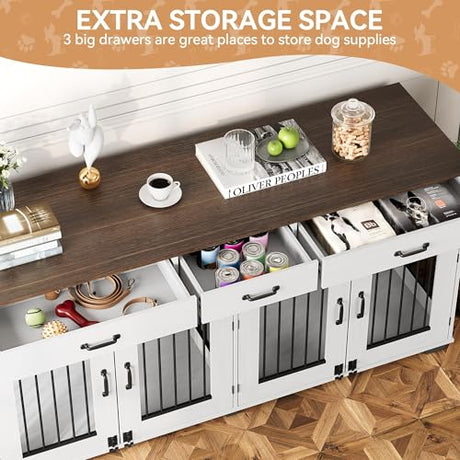 71'' Double Dog Crate Furniture, Large Dog Kennel Indoor with 3 Storage Drawers and Removable Divider for 2 Dogs, Heavy Duty Decorative Dog House TV Stand Side Table for Medium Large Dogs, White IDEALHOUSE