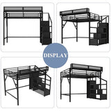 Harper & Bright Designs Queen Size Loft Bed with Stairs, Storage Shelves and Built-in Wardrobe, Metal Loft Bed Frame with USB Ports and LED Lights (Black Queen) Harper & Bright Designs