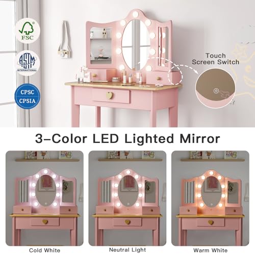 labebe Kids Vanity, Girls Vanity Desk with LED Changing Lights, Pretend Play Princess Vanity Set, Wooden Toddler Makeup Desk Dressing Table with Drawer and Chair (Pink) labebe