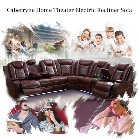 Caberryne Power Recliner Sofa Sectional Couch with LED Light for Living Room,Leather Reclining Corner Sectional Sofa with 2 Recliner Seats,Cup Holder,Storage Console for House/Home Theater, Wine Caberryne