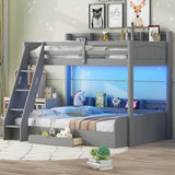Twin over Full Bunk Bed with Storage Shelves, Wood Twin Bunk Beds with Ladder and Built-in Drawer, Multifunctional Bunk Bed Frame with Led Lights and Charging Station for Kids Girls Boys, Gray Harper & Bright Designs