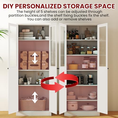 AQY Kitchen Pantry Cabinet,72" White Pantry Storage Cabinet with 5 Tire Adjustable Shelves and Glass Doors,Freestanding Cupboard,Metal Pantry Cabinets with Handle for Living Room,Assembly Required AQY