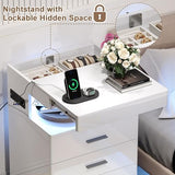 Treocho Led Nightstand with Hidden Space, Modern Night Stand with Charging Station, 3 Drawer Smart Nightstand with Glossy Finish, Tall Bedside Table with RGB Lights for Bedroom, White Treocho