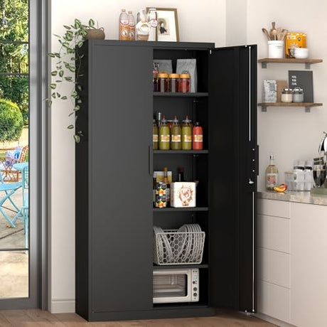 GREATMEET Metal Garage Storage Cabinets, 72" H Locking Garage Cabinets with 2 Doors and 4 Shelves, Utility Cabinet for Office, Garage, Home, Gym, School, Black GREATMEET