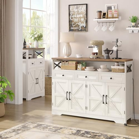 Befrases Farmhouse Sideboard Buffet Cabinet, Barn Doors Storage Cabinet with Drawers and Open Shelf, 47.2'' Wood Coffee Bar Microwave Station for Kitchen, Living Room, Hallway, White Befrases