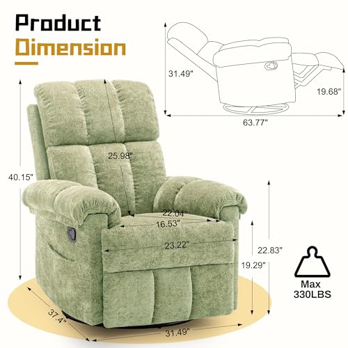Korser Recliner Chair, Swivel Rocker Recliner Chair for Adults, Small Recliners for Small Spaces, Upholstered Manual Recliner with Side Pockets, Nursery Rocking Chair for Living Room, Chenille, Green