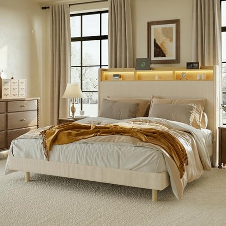 FLEXISPOT King Platform Bed Frame with 51" Tall Upholstered Corduroy Headboard, Two-Tier Storage Shelves, LED Light & Charging Station, Remote Pocket, No Box Spring Needed,1100Ibs Heavy-Duty, Beige FLEXISPOT