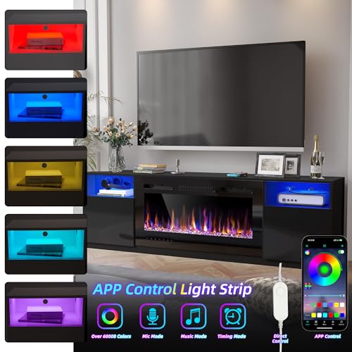 AHB Fireplace TV Stand, LED Light Entertainment Center with 36 Electric Fireplace and Storage Cabinet, Media Console Table for TVs Up to 80 Inches, Ideal for Living Room, 70 Inches (Black) AHB