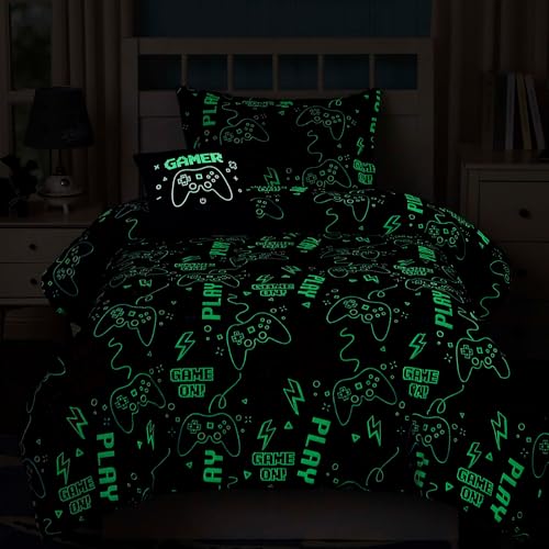 Wink Deer Twin Comforter Set for Boys-3 Pieces Gamer Glow in the Dark Twin Bedding Sets for Kids,1 Comforter,1 Sham and 1 Decor Pillow Wink Deer