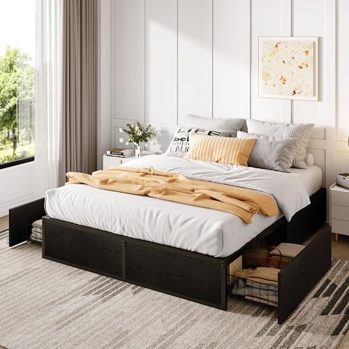 SHA CERLIN Full Platform Bed Frame with 2 Large Storage Drawers - Heavy Duty Metal & Rustic Wood, Noise-Free, No Box Spring Needed, Black SHA CERLIN