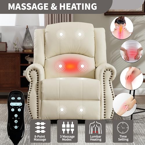Montary Heavy Duty Manual Lift Recliner Chair with Heat Massage, Adjustable Footrest, Rocker & Swivel, Lay Flat Function in Breathable Leather Reclining Sofa Chair (White) Montary