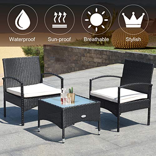 Tangkula 3 PCS Patio Wicker Rattan Furniture Set, Rattan Chair with Coffee Table, High Load Bearing Chair Conversation Sets for Patio Garden Lawn Backyard Pool (Black) Tangkula