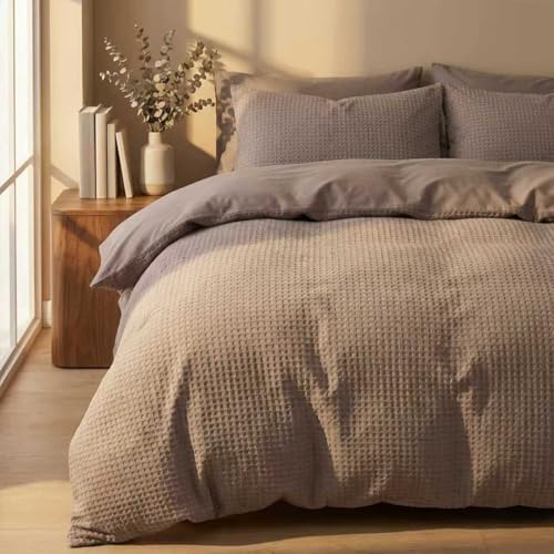 DCSKY Cotton Duvet Cover King,100% Cotton Waffle Weave Brown Duvet Covers King Size,Luxury Textured & Breathable 3pcs with 2 Pillow Shams for All Season 104x90 Inches DCSKY