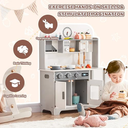 Play Wooden Kitchen Sets for Kids, Toddler Kitchen Playset, Chef Pretend Kitchen with Plenty of Play Features, Toy Kitchen with Toy Food & Cookware Accessories, Gift for Boys Girls
