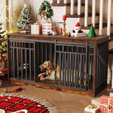 DWVO 55" Extra Large Dog Crate Furniture, Heavy Duty Metal Dog Kennel TV Stand with Sliding Door, Wooden Dog Cage Table with Dog Bowl for Extra Large Medium Dogs or 2 Small Dogs, Rustic Brown DWVO