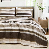 WONGS BEDDING Quilt Set Queen Size, Brown Striped Pattern Bedspread,Lightweight Summer Coverlet Bedding Set for Bed 96"x90" WONGS BEDDING