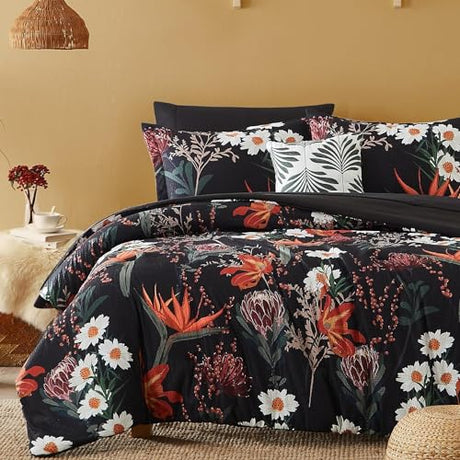CASAAGUSTO Full Comforter Set, 7 PCS Black Shore Floral Comforter Set with Flowers Leaves Pattern, Soft Seersucker Design All Season Queen Size Bedding Set with Decor Pillow (80"X90") CASAAGUSTO