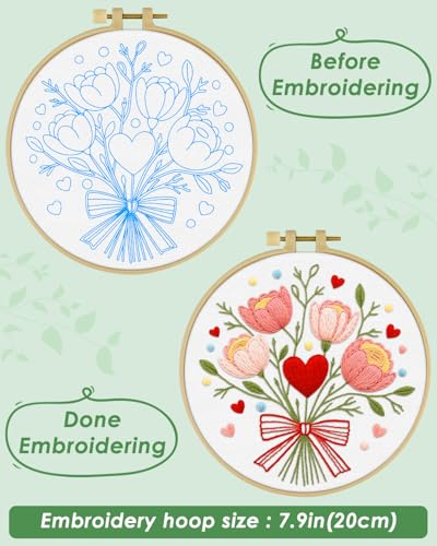 ERKOON Embroidery Kit for Beginners Adult, Flower Cross Stitch Set Include Embroidery Cloth Hoops Threads for Craft Lover Hand Stitch with Embroidery Skill Techniques (Bouquet) ERKOON