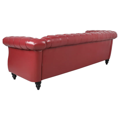 AVZEAR Leather Sofa 3 Seater Couch, Large Sofa Furniture Roll Arm Classic Tufted Chesterfield Settee Leather Sofa with Channel Tufted Seat Back for Living Room, Claret