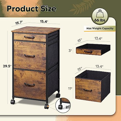 DEVAISE Mobile File Cabinet with 3 Drawers, Printer Stand with Fabric Drawers, Vertical Filing Cabinet fits A4 or Letter Size for Home Office, Rustic Brown Wood Grain Print