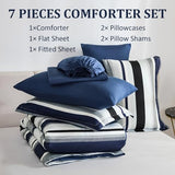 WONGS BEDDING Queen Comforter Set, 7 Pieces Navy Blue Comforter Set Queen Size, Soft Striped Bed in a Bag Bedding Set with Comforter, Flat Sheet, Fitted Sheet, Pillow Shams, Pillowcase WONGS BEDDING