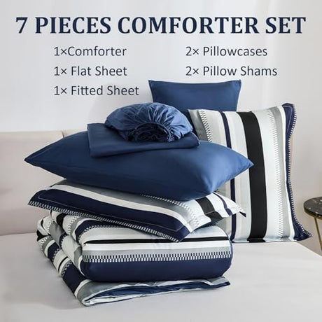 WONGS BEDDING Queen Comforter Set, 7 Pieces Navy Blue Comforter Set Queen Size, Soft Striped Bed in a Bag Bedding Set with Comforter, Flat Sheet, Fitted Sheet, Pillow Shams, Pillowcase WONGS BEDDING