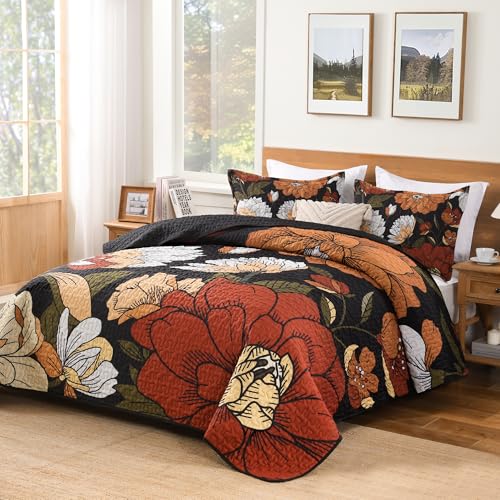 Andency Floral Boho Quilt King Size Bedding Set Black, 3 Pieces Farmhouse Flower Botanical Summer Bedspreads with 2 Shams, Soft Reversible Lightweight Microfiber Coverlet Set for All Season, 106"x96" Andency