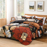 Andency Floral Boho Quilt King Size Bedding Set Black, 3 Pieces Farmhouse Flower Botanical Summer Bedspreads with 2 Shams, Soft Reversible Lightweight Microfiber Coverlet Set for All Season, 106"x96" Andency