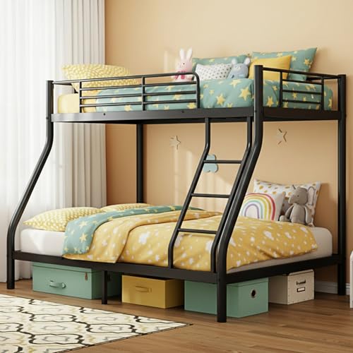 SogesGame Twin Over Full Bunk Bed for Teens & Kids, Metal Heavy Duty Bunk beds with 9.8-Inch Guardrail and Ladder, Bunk Beds Twin Over Full Size for Small Bedrooms & Shared Rooms, Space-Saving, Black SogesGame