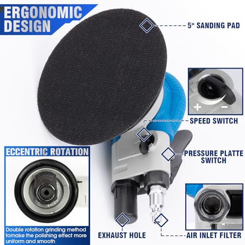 KUIMIT 5 Inches Air Random Orbital Sander, Pneumatic Palm Car Sanders For Wood Polisher Metal,And Auto Body Work, Da Sanders, Dual-action Sander KUIMIT
