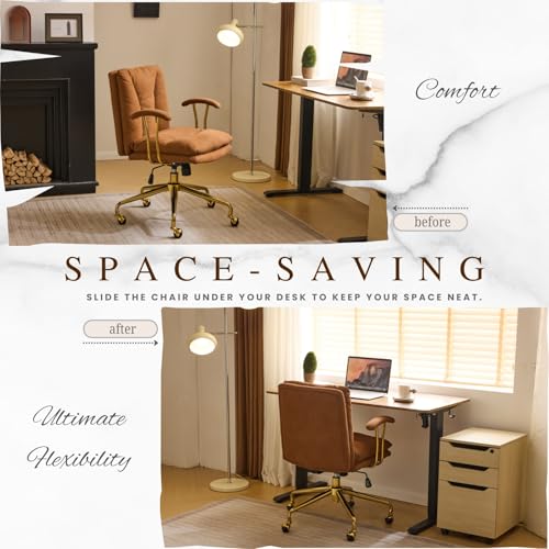 VINGLI Home Office Desk Chair Comfy with wheels&Removable Armrests,Gold Base Vanity Chair with Back,Adjustable Rolling Swivel Computer Task Chair for Study,Makeup,Office,Bedroom,Microfiber/Suede,Brown VINGLI