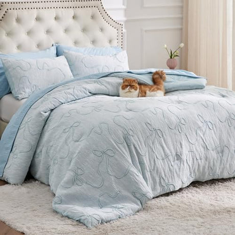 Bedsure Dusty Blue King Size Comforter Set, GentleSoft™ 3 Pieces Breathable Bow Comforter Set Women with 2 Pillow Shams, Cute King Bedding Set Room Decor Aesthetic Bedroom Decor, 104x90 Inches Bedsure