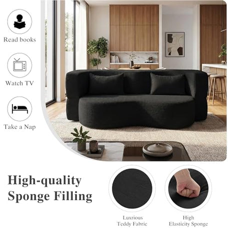 LIANGFU 78 Inch 2-in-1 Convertible Sofa,Futon Folding Sofa Bed,Pull Out Sofa Bed Boneless Couch with 2 Pilow,oveseat Sleeper Floor Sofa for Bedroom Living Room Office, Apartment(Teddy, Black) LIANGFU
