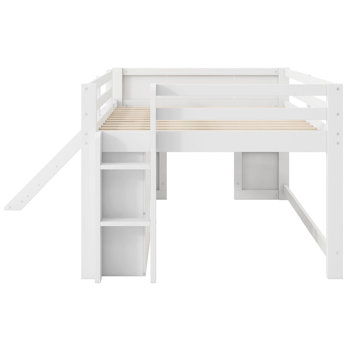 Quarte Full Size Kids Low Loft Bed with Slide,Three Storage Drawers and Two Doors,Solid Wood & MDF Construction, No Box Spring Needed Quarte