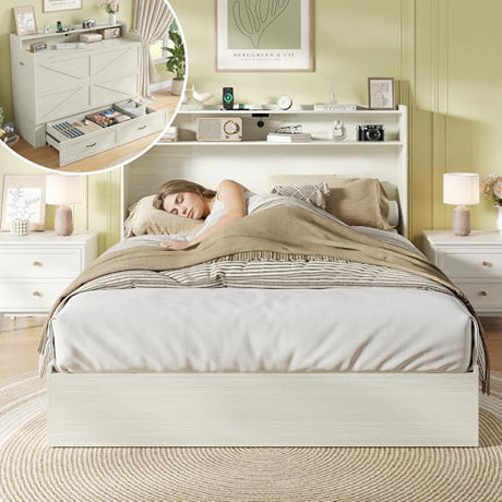 Maupvit Queen Size Murphy Bed, Foldable Bed with Charging Station and Storage Drawer, Farmhouse Platform Bed Cabinet for Guest Room, Living Room, Office, Small Spaces, Space Saving, Vintage White Maupvit