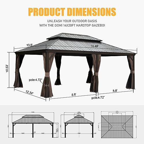 Domi Outdoor Living 14x20FT Hardtop Gazebo, Permanent Metal Gazebo with Galvanized Steel Double Roof and Aluminum Frame, Curtain and Netting, Large Pavilion Gazebo for Patio Deck Garden - WoodArtSupply