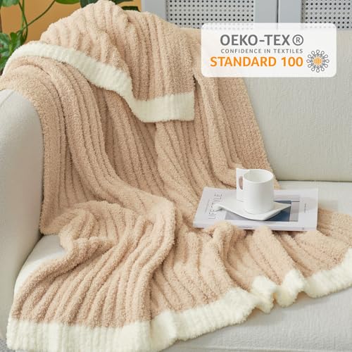 Snuggle Sac Luxury King Size Blanket for Bed, Cozy Soft Fuzzy Microfiber Knit Stripe Bedding Blankets, Beige, 108x90 inches Snuggle Sac