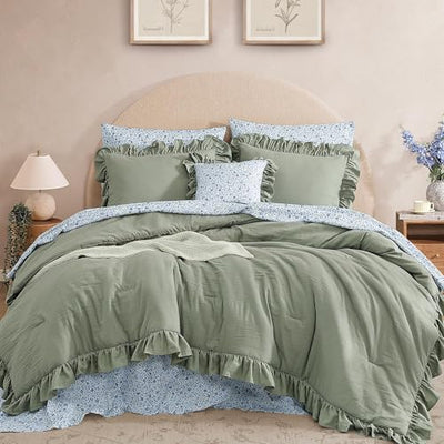 BLOOMHAVEN Full Comforter Set - 7 Pieces Ruffle Sage Green Bedding Sets, Shabby Chic Farmhouse Bed in a Bag Full with Ruffle Comforter, Floral Sheets, Pillowcases & Shams